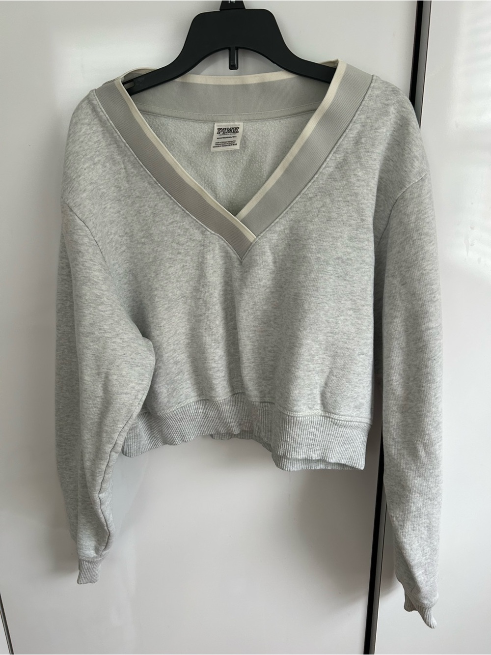 PINK Victoria's Secret Light Grey V-Neck Cropped Sweatshirt with Cream Trim
